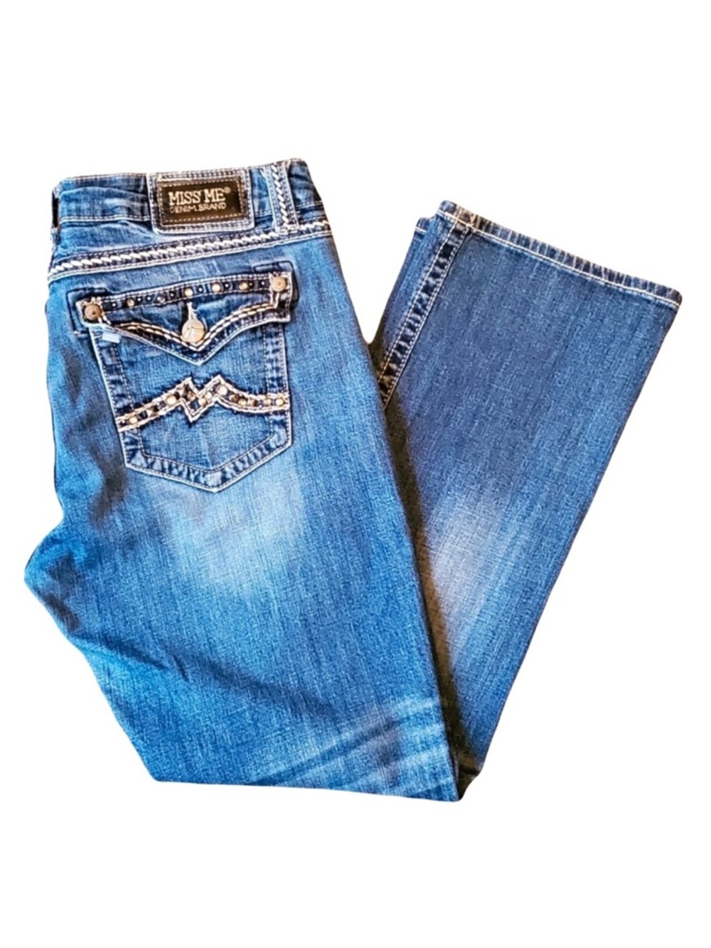MISS ME Denim Easy Boot Thick Stitch Bling Studded Pockets Blue Jeans Size 29